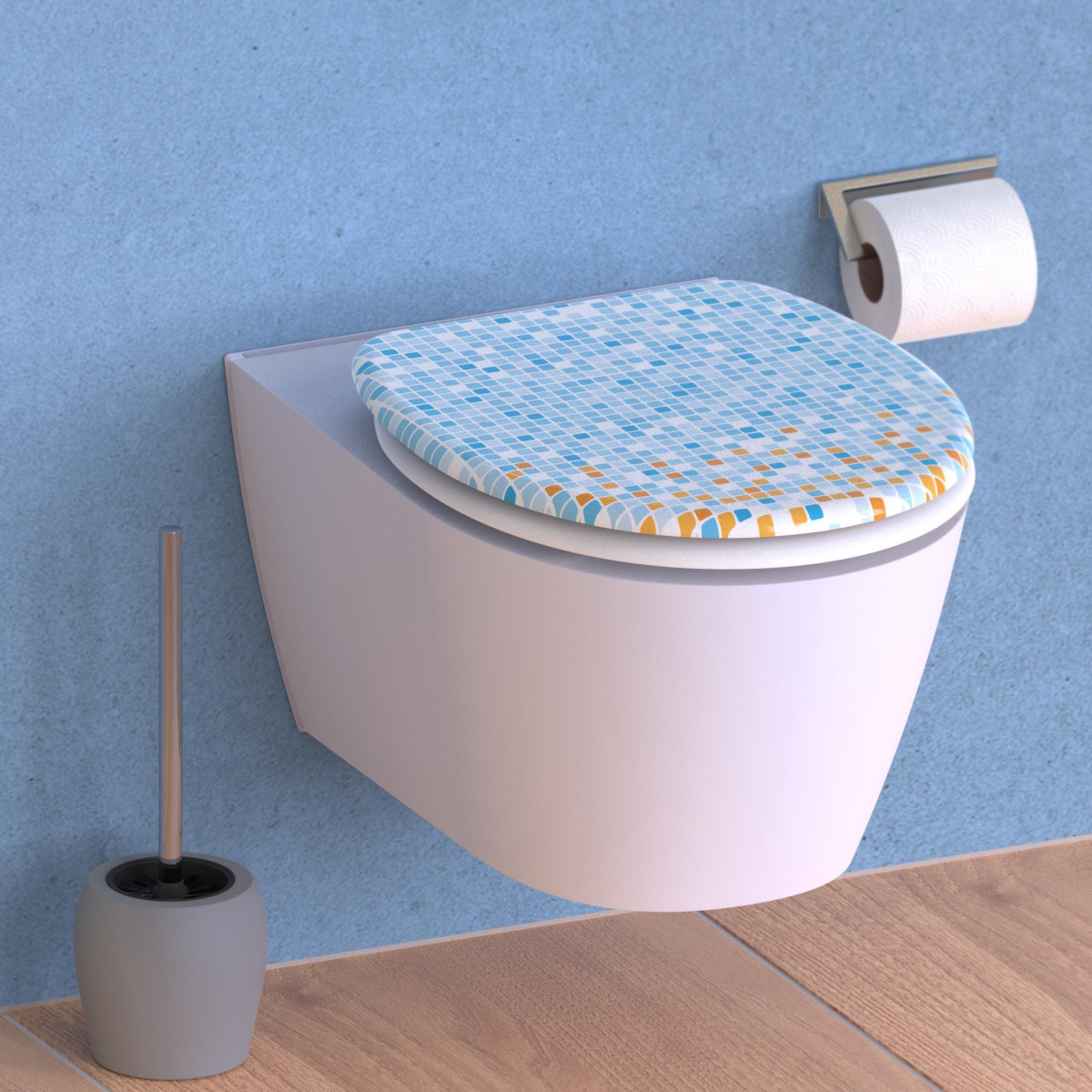 Duroplast WC-Sitz MOSAIK BLAU-ORANGE, mit Absenkautomatik