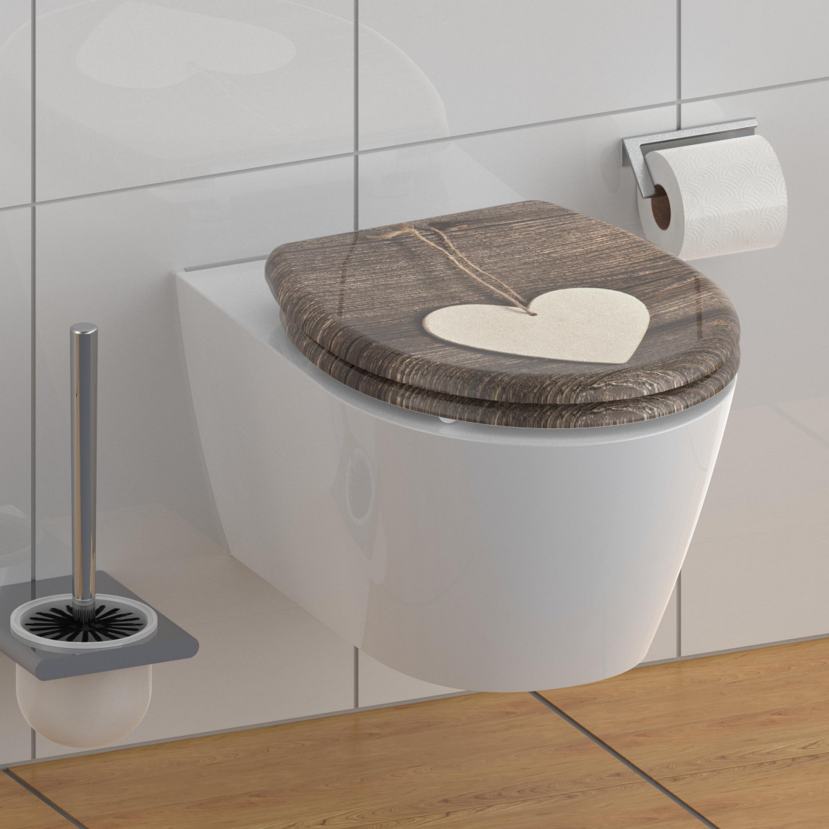 Duroplast WC-Sitz WOOD HEART, Herz Motiv, mit Absenkautomatik und Schnellverschluss