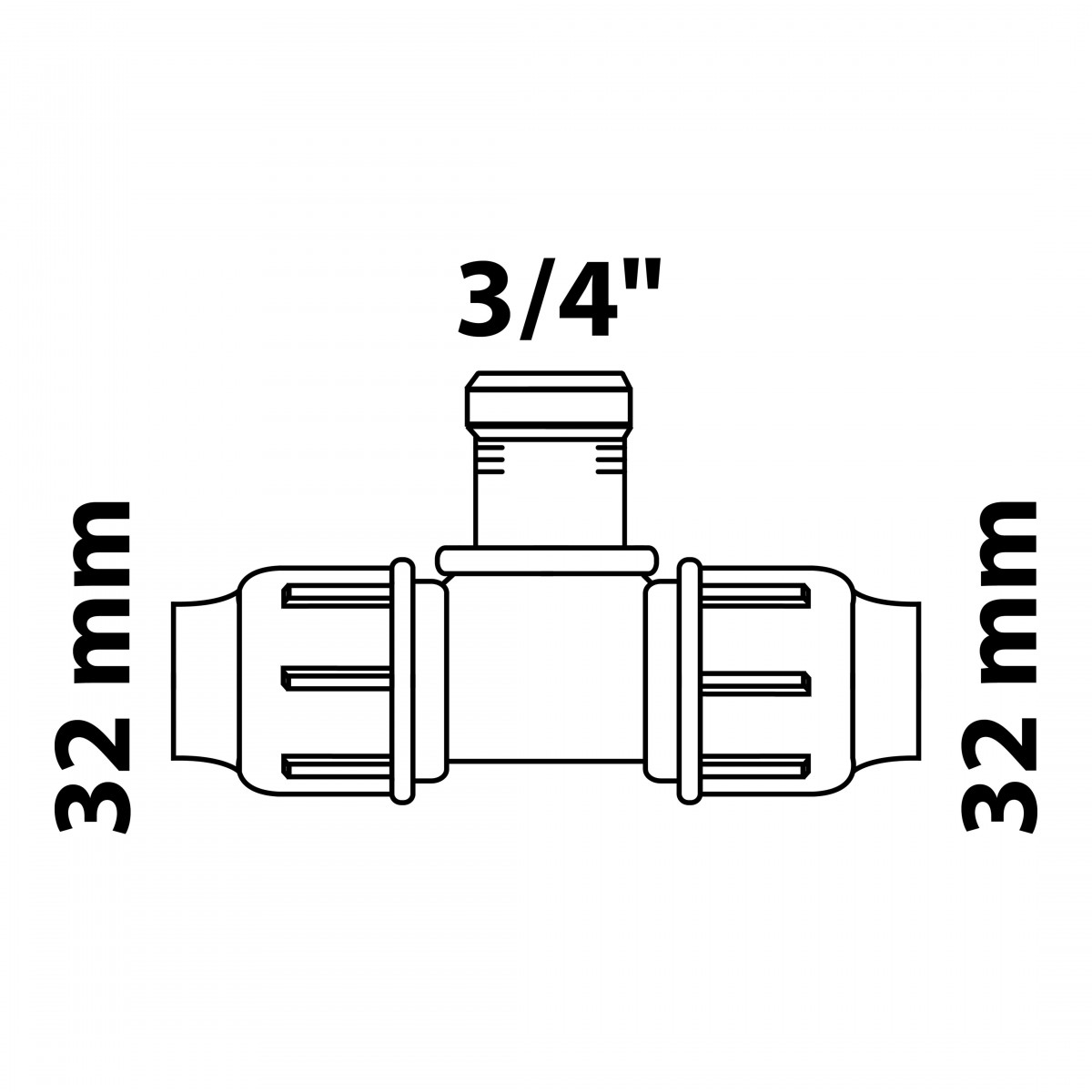 T-Stück, 32 mm auf 3/4", Klemmfitting für HDPE