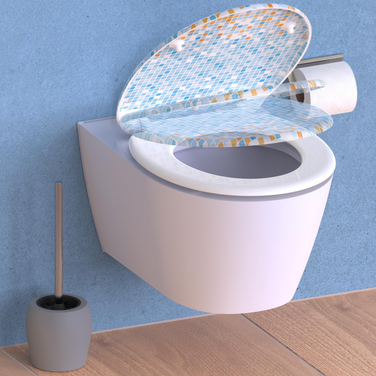 Duroplast WC-Sitz MOSAIK BLAU-ORANGE, mit Absenkautomatik