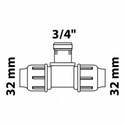 T-Stück, 32 mm auf 3/4", Klemmfitting für HDPE