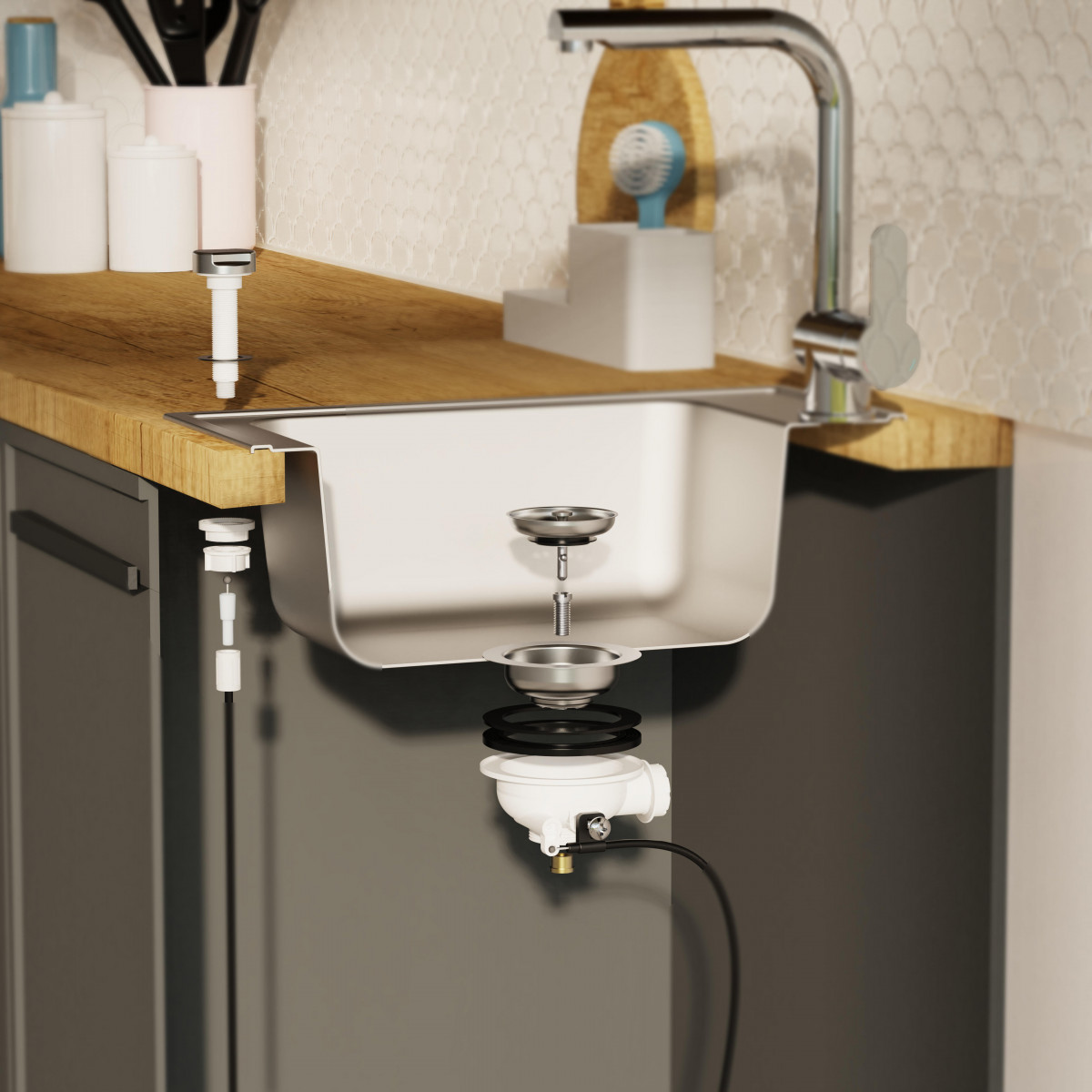 KS Korbventil mit Bowdenzug,1 1/2" AG, Edelstahl Ventilkelch und Sieb Ø114 mm, mit Überlaufanschluss