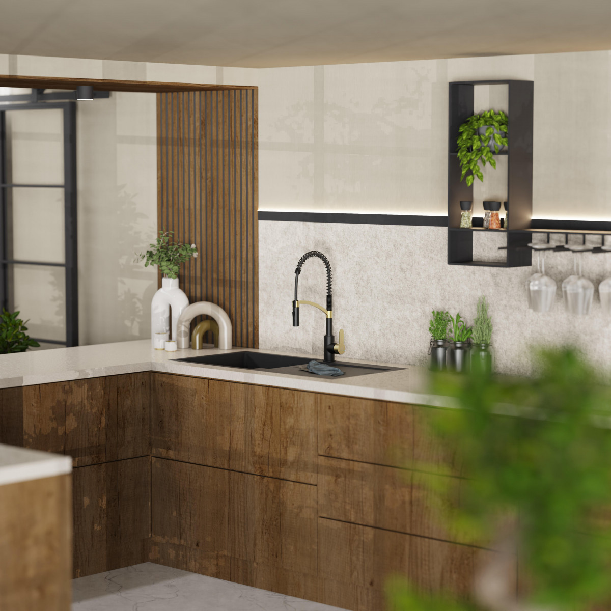 WK 3 in Schwarz/Gold, Küchenarmatur mit innovativem Spiralfeder-Design